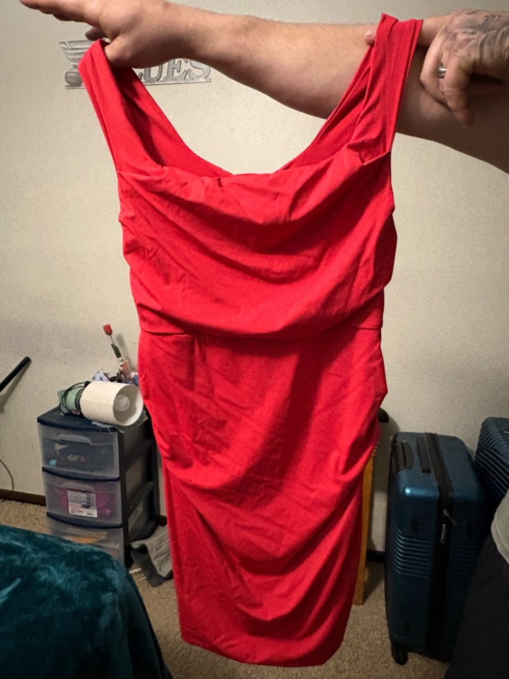 Red Sleeveless Draped Sheath Dress